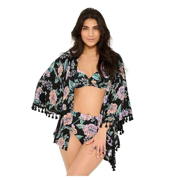 Freshwater Tassel Trim Swim Cover Up Kimono Black Floral | 1X - Picture 1 of 7